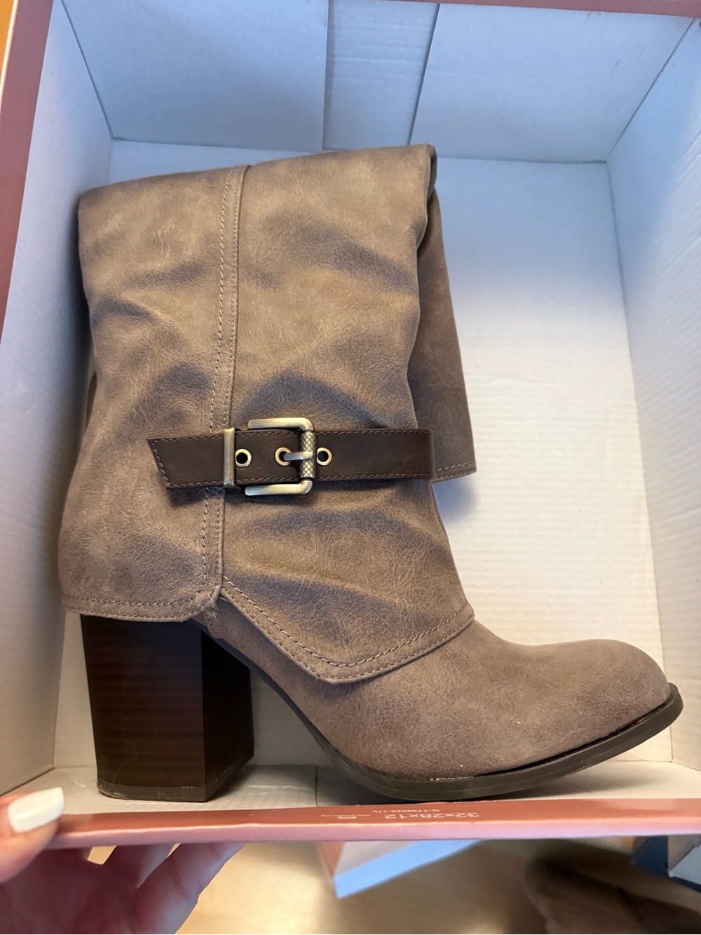 Women’s Taupe Buckle Mid-Calf Block Heel Boots